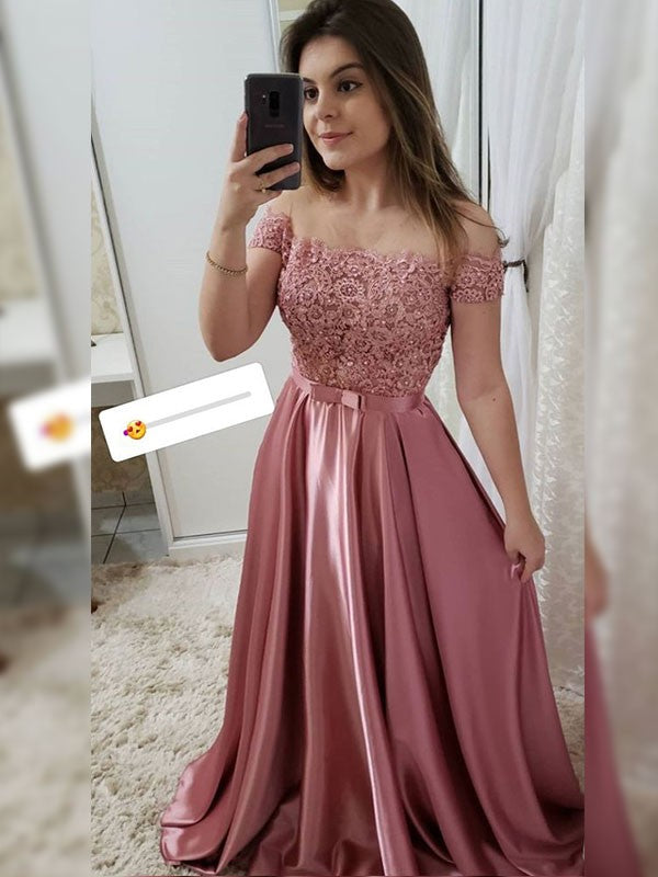 A-Line/Princess Sleeveless Off-the-Shoulder Sweep/Brush Train Applique Satin Dresses